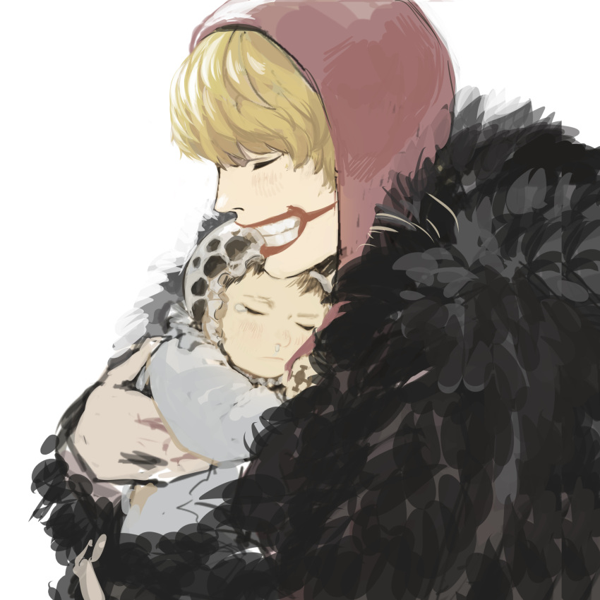 2boys blonde_hair bonnet closed_eyes donquixote_rocinante fur_coat grin headgear highres holding_baby hug makeup male_focus multiple_boys one_piece santa65 smile trafalgar_law