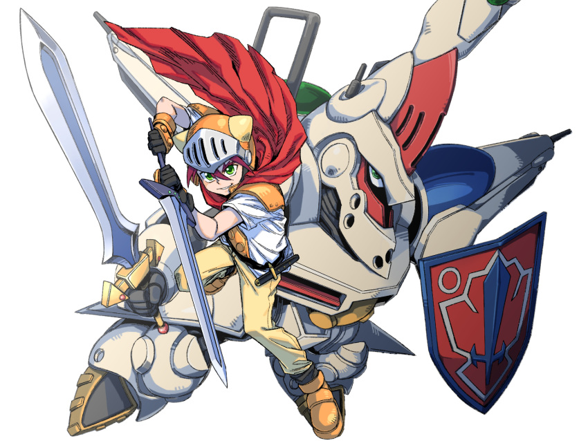 1boy adeu_warsam bangs chales28ho fantasy green_eyes hair_between_eyes haou_taikei_ryuu_knight helmet highres holding holding_shield holding_sword holding_weapon looking_at_viewer male_focus mecha pants red_scarf redhead scarf shield shirt smile sword weapon white_background white_shirt yellow_pants zephyr_(ryu_knight)