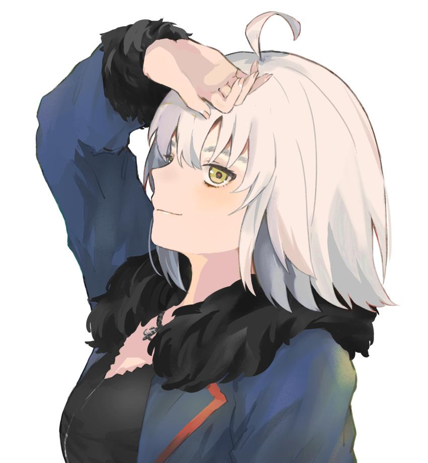 1girl ahoge bangs blush breasts closed_mouth coat crossed_arms facing_viewer fate/grand_order fate_(series) fur-trimmed_coat fur_trim hair_between_eyes highres jacket jeanne_d'arc_(alter)_(fate) jeanne_d'arc_(fate)_(all) jewelry large_breasts long_sleeves looking_at_viewer morisasak necklace pout shirt short_hair silver_hair solo wicked_dragon_witch_ver._shinjuku_1999 yellow_eyes