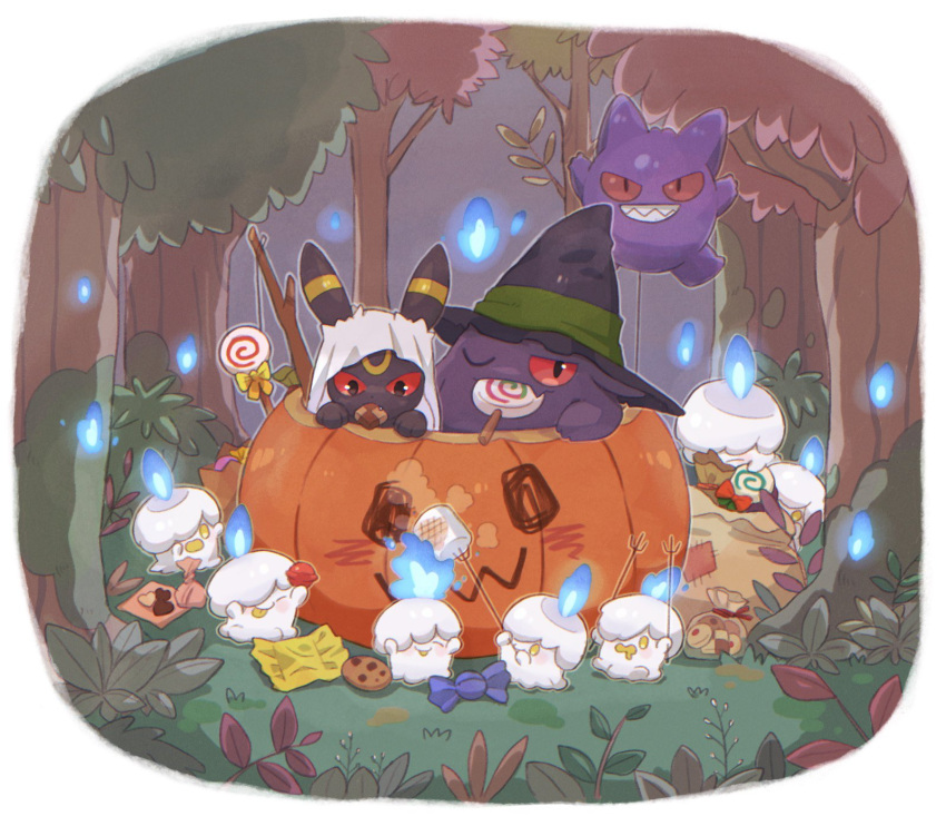 blue_fire candy candy_wrapper commentary_request fire food gengar grass hatted_pokemon highres holding litwick lollipop mouth_hold no_humans oniwa_nwai outdoors pokemon pokemon_(creature) pumpkin tongue tongue_out tree umbreon