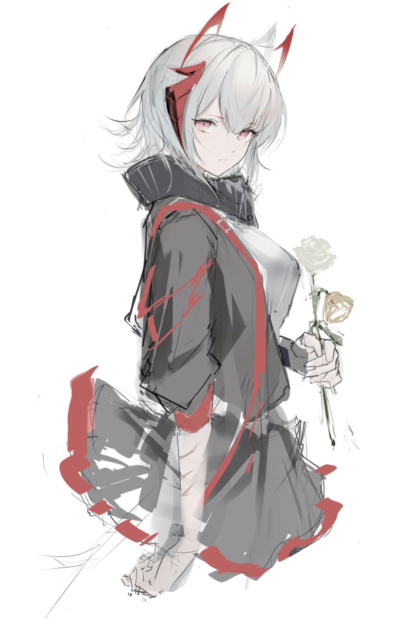 1girl antenna_hair arknights black_jacket black_scarf black_skirt breasts closed_mouth drmaho1 eyebrows_visible_through_hair flower from_side grey_shirt highres holding holding_flower horns jacket large_breasts long_sleeves looking_at_viewer looking_to_the_side miniskirt multicolored_hair open_clothes open_jacket red_eyes redhead rose scarf shirt short_hair silver_hair simple_background sketch skirt solo two-tone_hair w_(arknights) white_background yellow_flower yellow_rose