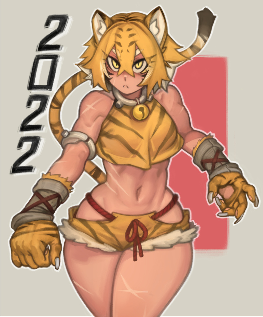 1girl 2022 :&lt; absurdres animal_ears animal_print armlet bare_shoulders bell breasts chinese_zodiac cowboy_shot cross_scar facial_mark hair_between_eyes highres jingle_bell kelvin_hiu midriff navel neck_bell new_year original scar scar_on_leg scar_on_stomach short_hair short_shorts shorts small_breasts solo standing tail tiger_ears tiger_girl tiger_print tiger_tail year_of_the_tiger yellow_eyes