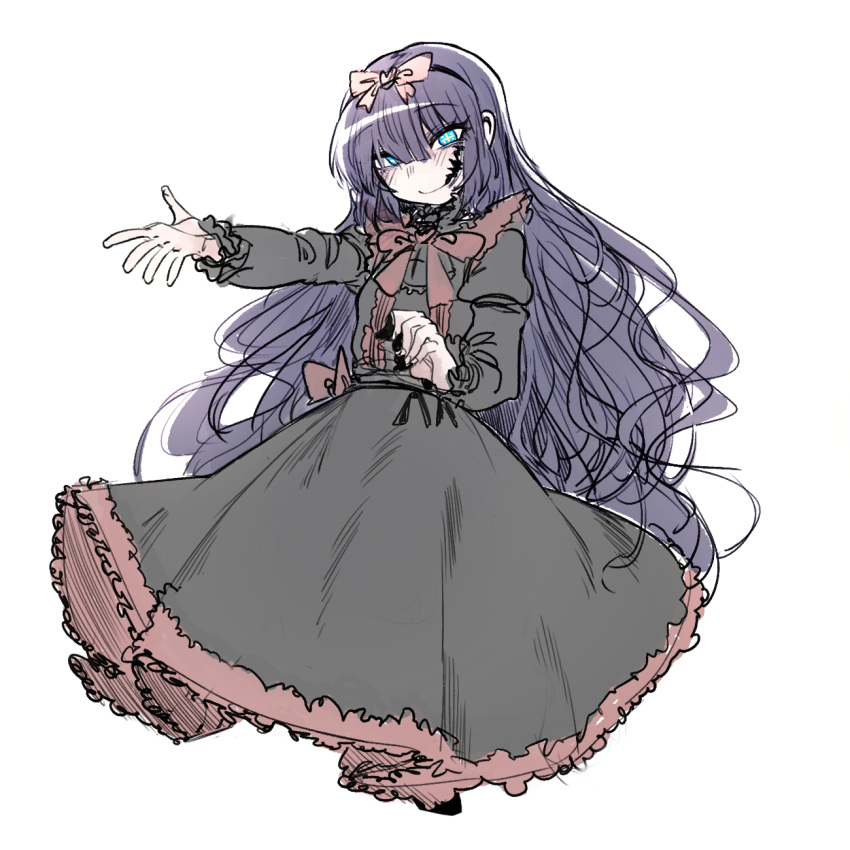 +_+ 1girl bangs black_dress black_hairband black_souls bow closed_mouth dress eyebrows_visible_through_hair hair_between_eyes hairband highres juliet_sleeves light_blue_eyes long_sleeves looking_at_viewer mabel_(black_souls) nyong_nyong outstretched_arm pink_bow puffy_sleeves red_bow simple_background smile solo star-shaped_pupils white_background yellow_pupils