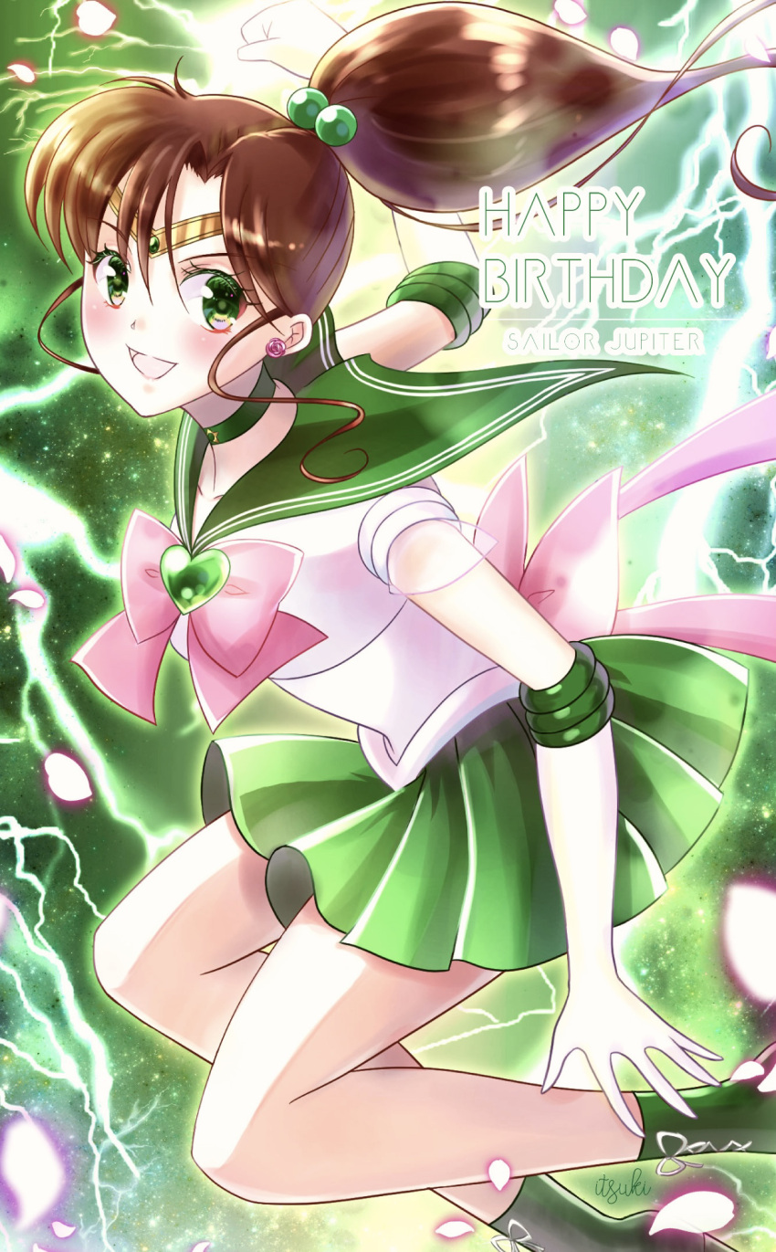 1girl back_bow bishoujo_senshi_sailor_moon bow brown_hair choker earrings elbow_gloves flyingpot gloves green_eyes green_sailor_collar green_skirt hair_bobbles hair_ornament happy_birthday high_ponytail jewelry long_hair looking_at_viewer miniskirt pink_lips pink_neckwear pleated_skirt rose_earrings sailor_collar sailor_jupiter sailor_senshi_uniform shirt short_sleeves signature simple_background skirt solo white_gloves white_shirt