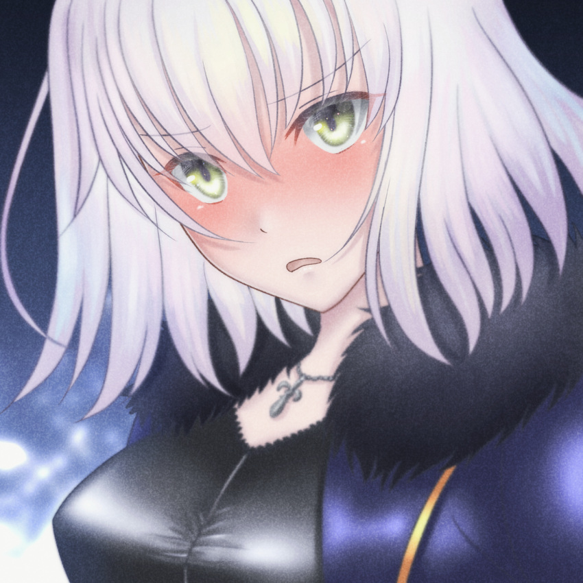 1girl ahoge bangs blush breasts closed_mouth coat crossed_arms facing_viewer fate/grand_order fate_(series) fur-trimmed_coat fur_trim hair_between_eyes highres jacket jeanne_d'arc_(alter)_(fate) jeanne_d'arc_(fate)_(all) jewelry large_breasts long_sleeves looking_at_viewer necklace nyamonyamo_1122 pout shirt short_hair silver_hair solo wicked_dragon_witch_ver._shinjuku_1999 yellow_eyes