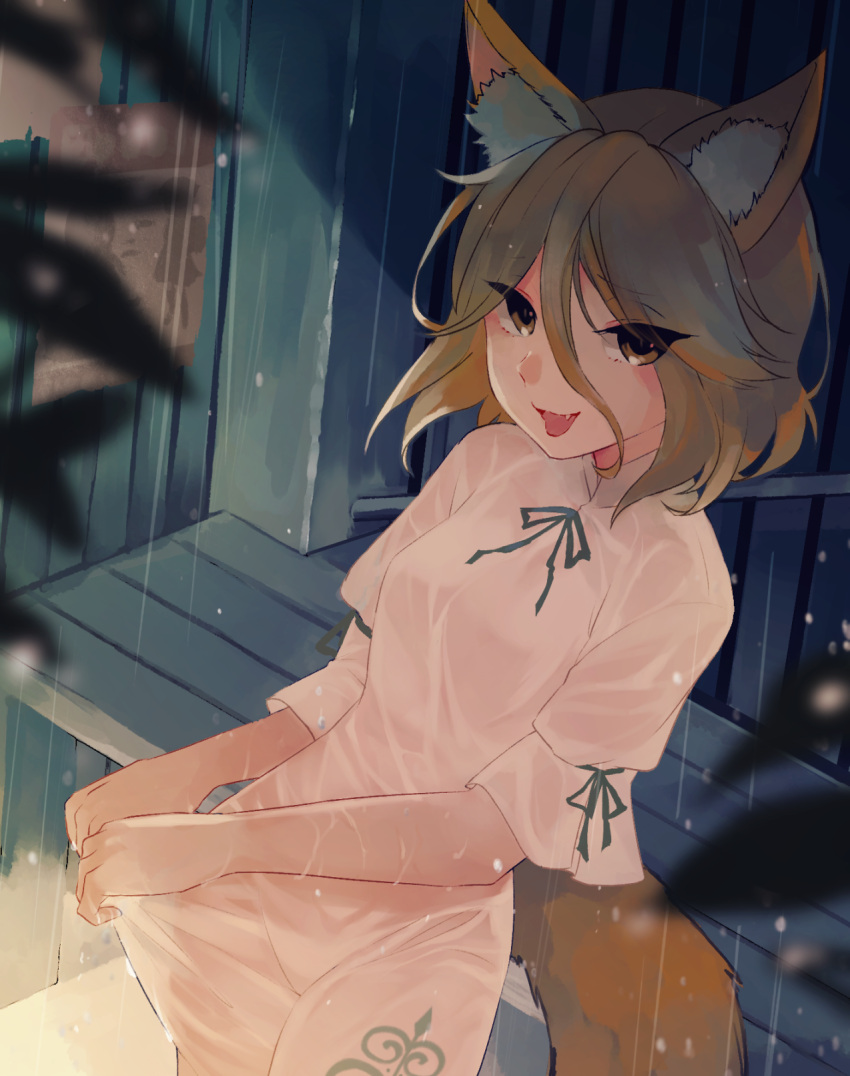 1girl :d animal_ear_fluff animal_ears banned_artist bench blonde_hair blurry breasts cowboy_shot depth_of_field efxc eyes_visible_through_hair fox_ears from_above hair_between_eyes highres kudamaki_tsukasa looking_at_viewer outdoors rain romper short_hair small_breasts smile solo tail touhou wooden_floor