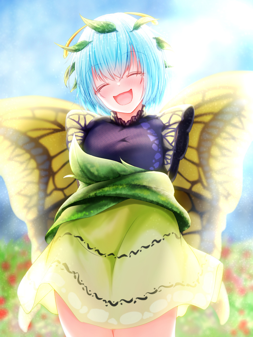 1girl antennae aqua_hair besuteia blush butterfly_wings closed_eyes cowboy_shot dress eternity_larva eyebrows_visible_through_hair fairy green_dress hair_between_eyes highres leaf leaf_on_head multicolored_clothes multicolored_dress open_mouth short_hair short_sleeves single_strap smile solo touhou wings