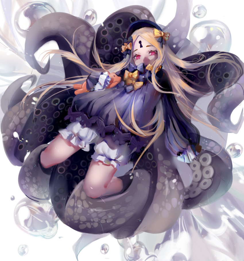 1girl abigail_williams_(fate) absurdres bangs black_bow black_dress black_headwear black_legwear blonde_hair bloomers bow bubble commentary covered_mouth dress fate/grand_order fate_(series) forehead hair_bow highres holding holding_stuffed_toy keyhole long_hair looking_at_viewer multiple_bows multiple_hair_bows orange_bow parted_bangs qing_yu red_eyes sidelocks sleeves_past_fingers sleeves_past_wrists solo stuffed_animal stuffed_toy teddy_bear tentacles underwear very_long_hair white_background white_bloomers