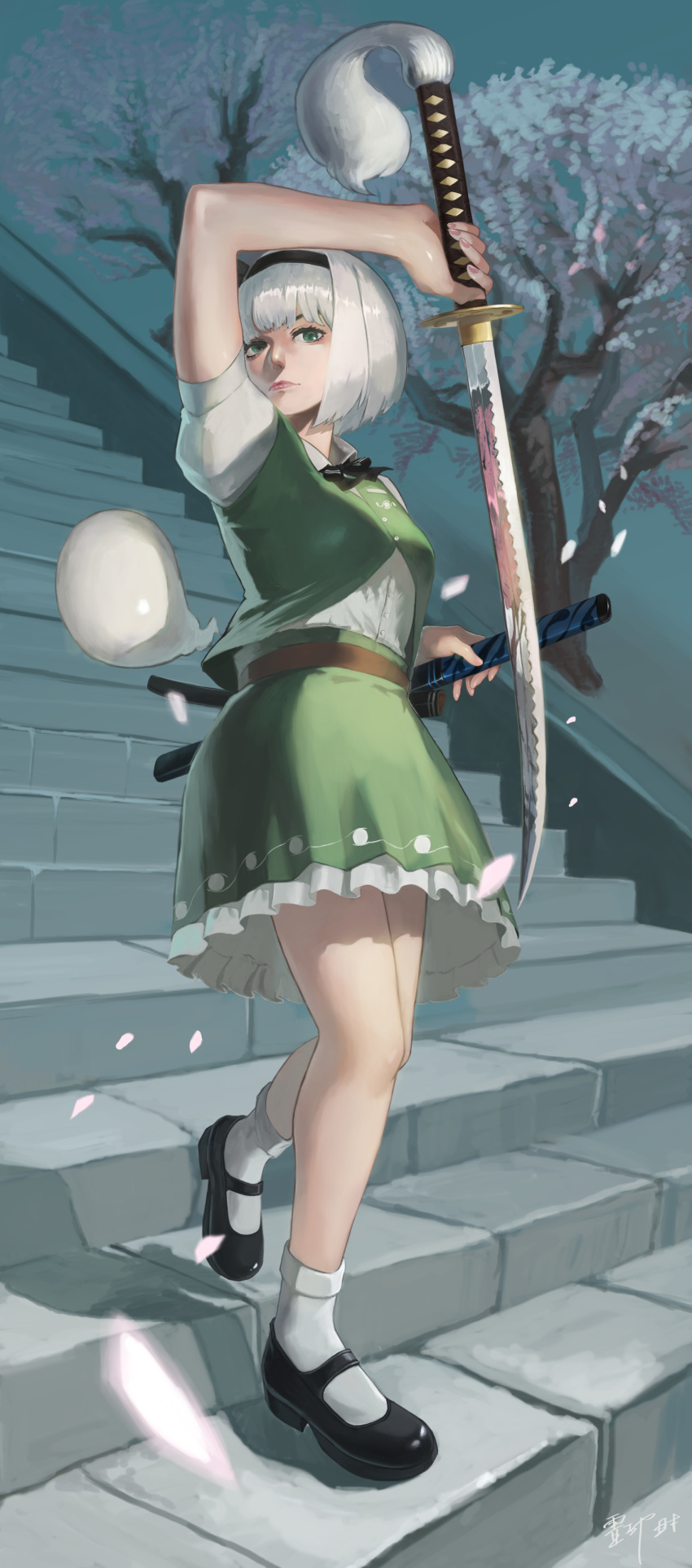 1girl absurdres black_bow black_footwear black_hairband black_neckwear black_ribbon bob_cut bow bowtie breasts collared_shirt green_eyes green_skirt green_vest hair_ribbon hairband highres hitodama_print katana konpaku_youmu lips mary_janes medium_breasts reikyakuzai ribbon scabbard sheath shirt shoes short_hair short_sleeves silver_hair skirt skirt_set socks solo stairs sword touhou vest vest_lift wakizashi weapon white_legwear white_shirt