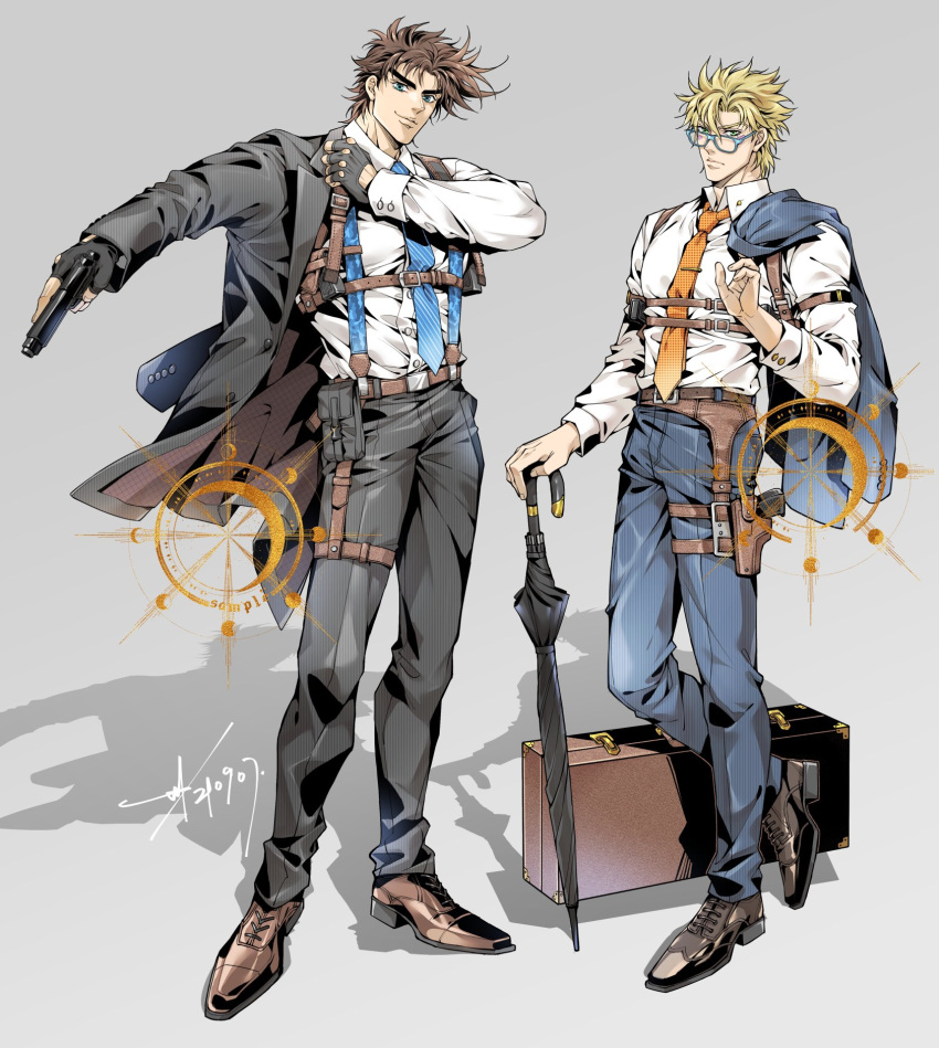 2boys battle_tendency bespectacled blonde_hair blue_eyes brown_hair caesar_anthonio_zeppeli dressing facial_mark fingerless_gloves formal glasses gloves green_eyes gun handgun highres holster jacket jacket_removed jojo_no_kimyou_na_bouken joseph_joestar joseph_joestar_(young) male_focus multiple_boys necktie over_shoulder planted planted_umbrella sashiyu shoulder_holster suitcase suspenders thigh_holster umbrella weapon