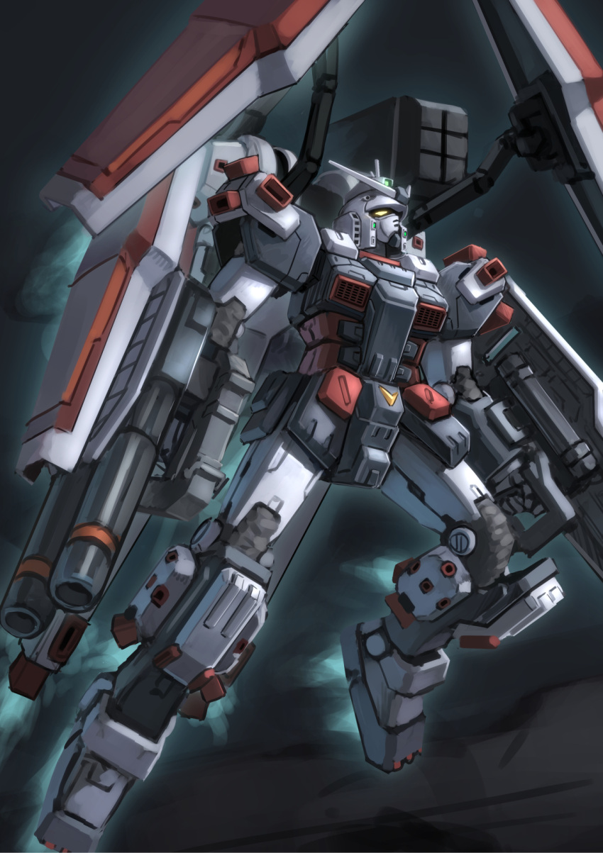 alkham clenched_hand flying full_armor_gundam gundam gundam_thunderbolt highres looking_up mecha missile_pod mobile_suit no_humans science_fiction solo space v-fin yellow_eyes
