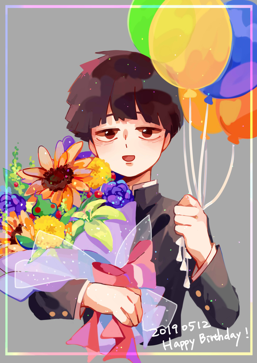 1boy absurdres balloon bouquet brown_eyes brown_hair commentary_request cropped_torso dated flower gakuran grey_background happy_birthday highres holding holding_bouquet kageyama_shigeo long_sleeves looking_at_viewer male_focus mob_psycho_100 mogutofuoes open_mouth orange_flower purple_flower school_uniform short_hair simple_background smile solo sunflower upper_body yellow_flower
