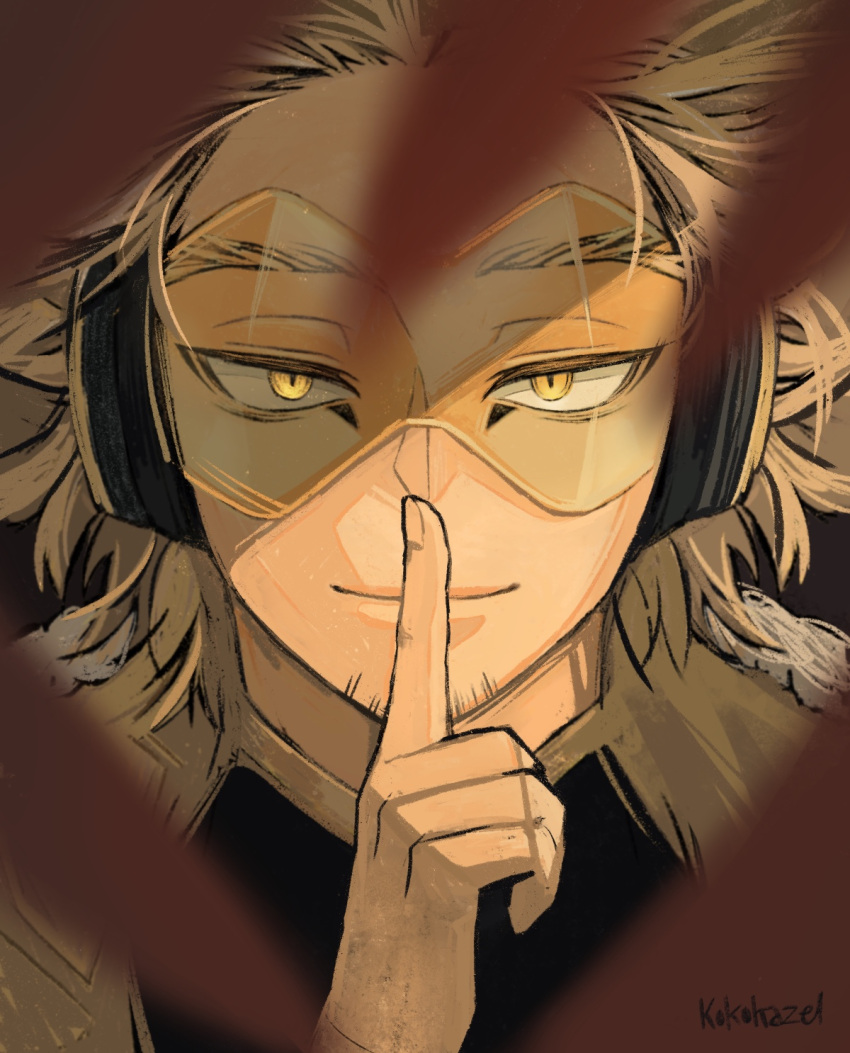 1boy artist_name blonde_hair bodysuit bodysuit_under_clothes boku_no_hero_academia close-up costume facial_hair facial_mark feathers finger_to_mouth flirting fur-trimmed_jacket fur_trim goatee half-closed_eyes hawks_(boku_no_hero_academia) headphones high_collar highres jacket kokohazelart looking_at_viewer male_focus rimless_eyewear short_hair shushing smile solo straight-on stubble tinted_eyewear yellow_eyes