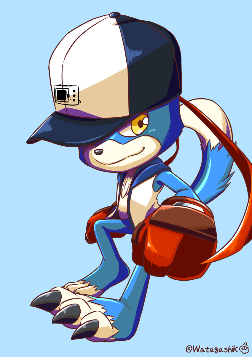 absurdres baseball_cap blue_background closed_mouth commentary_request creature digimon digimon_(creature) full_body gaomon gloves hat headband highres hood hood_down hoodie looking_at_viewer no_humans open_clothes open_hoodie red_gloves red_headband signature simple_background sleeveless sleeveless_hoodie smile solo twitter_username watagashikn white_headwear yellow_eyes