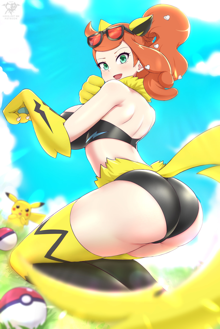 1girl absurdres animal_ears animal_hands animal_print ass ass_focus bare_shoulders black_legwear black_panties bra breasts claws cosplay eyewear_on_head green_eyes heart highres kaos_art large_breasts navel open_mouth outdoors panties pikachu poke_ball pokemon raikou raikou_(cosplay) redhead sky sleeveless sonia_(pokemon) squatting sunglasses tail thick_thighs thigh-highs thighs tiger_ears tiger_girl tiger_print tiger_tail underwear zeraora