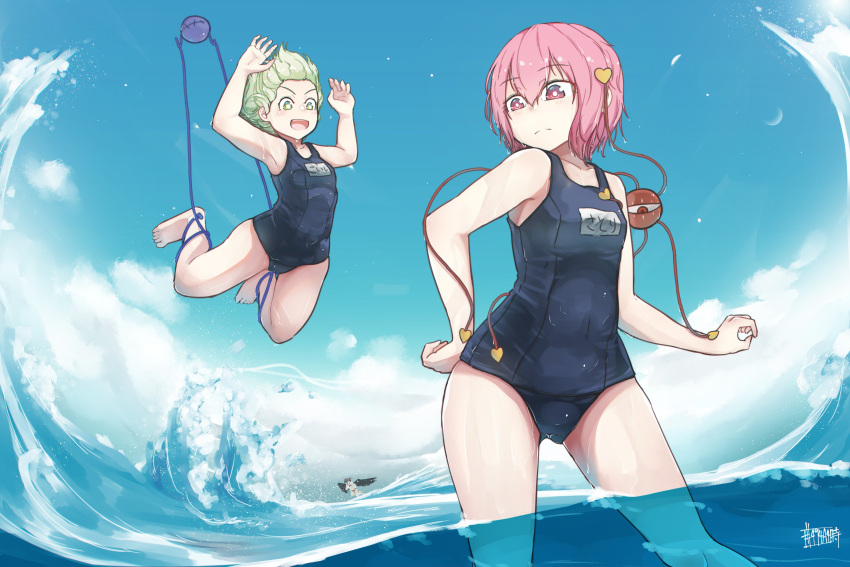 3girls :d absurdres alternate_costume arms_up bangs bikini blue_sky blush breasts bright_pupils camera clear_sky closed_mouth commentary_request day expressionless eyeball eyebrows_visible_through_hair eyelashes feathered_wings green_eyes green_hair hand_on_hip highres jumping komeiji_koishi komeiji_satori looking_at_viewer multiple_girls ocean open_mouth outdoors pink_eyes pink_hair red_bikini school_swimsuit senzaicha_kasukadoki shameimaru_aya shiny shiny_hair short_hair siblings sisters sky small_breasts smile standing string swimsuit thighs third_eye touhou water waves white_pupils wings