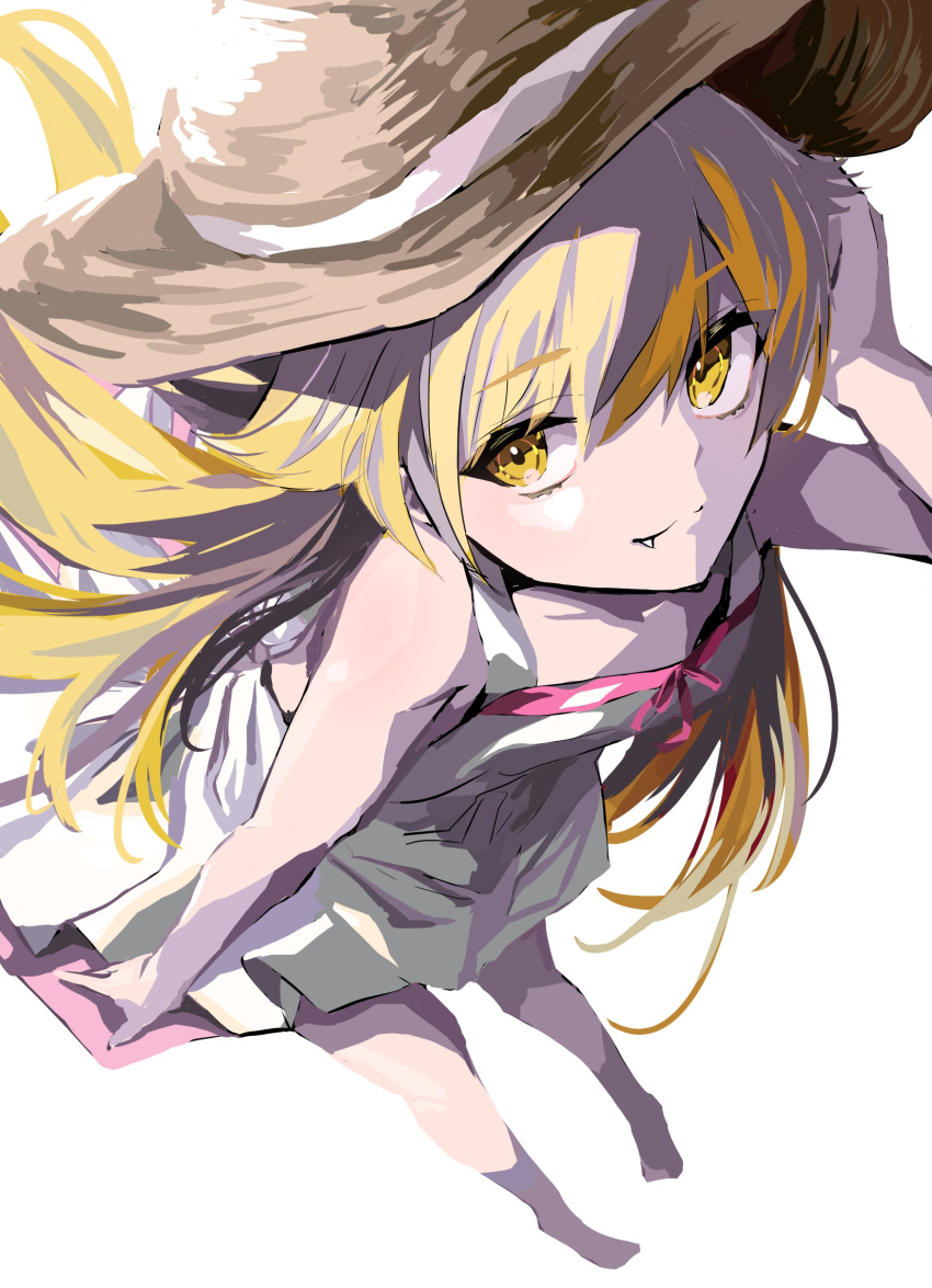 1girl :3 absurdres bakemonogatari blonde_hair bow closed_mouth commentary dress dress_bow fang floating_hair foreshortening hat highres long_hair looking_at_viewer looking_up monogatari_(series) oshino_shinobu perspective pink_ribbon ribbon simple_background sleeveless sleeveless_dress smile solo straw_hat sun_hat sundress upturned_eyes white_background white_dress yellow_eyes yoruirooo777