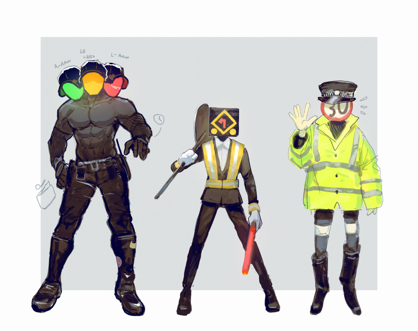 3boys absurdres arrow_(ghost_k1n) belt black_gloves boots combat_boots dark-skinned_male dark_skin ghost_k1n gloves hat highres manly multiple_boys multiple_heads no_eyes numbered open_hand original pectorals police police_hat police_uniform radio rubber_boots shirt shovel speed_limit_(ghost_k1n) topless_male traffic_baton traffic_light_(ghost_k1n) traffic_officer uniform utility_belt vest walkie-talkie waving white_gloves white_shirt yellow_eyes