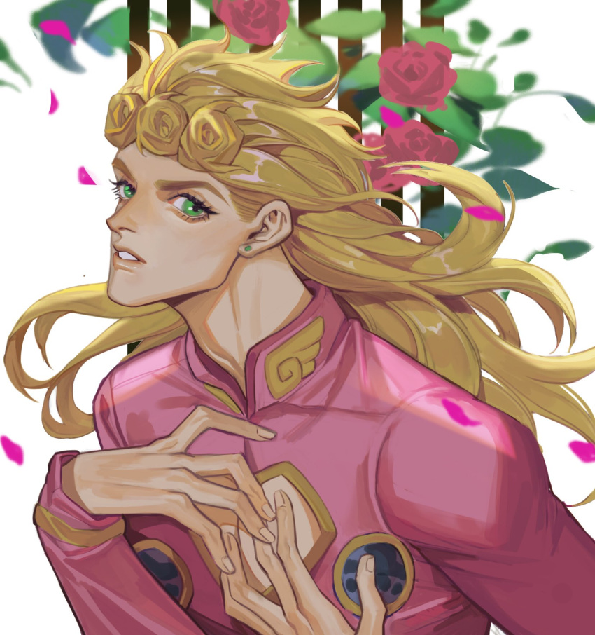 1boy blonde_hair braid bug cleavage_cutout clothing_cutout earrings flower giorno_giovanna green_eyes hair_down hand_on_own_chest highres jewelry jojo_no_kimyou_na_bouken ladybug long_hair male_focus manly rose solo spadelake vento_aureo