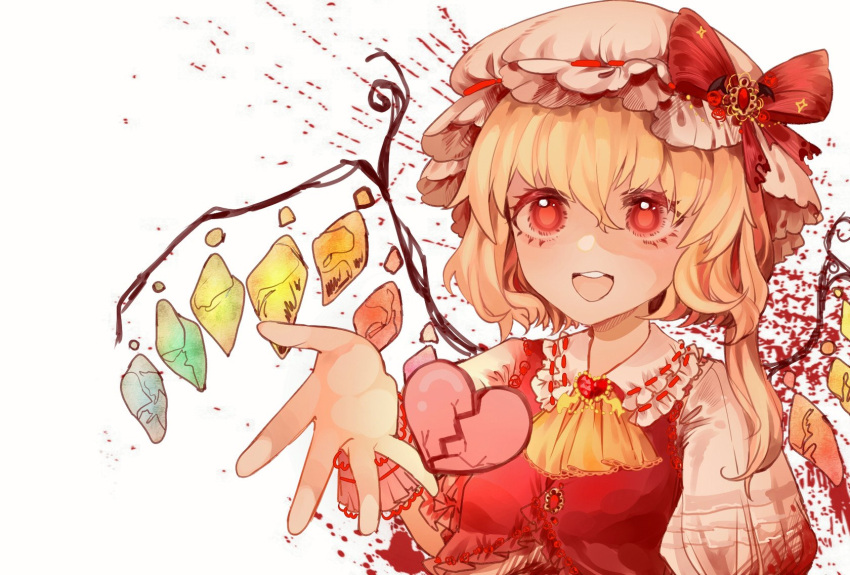 1girl :d ascot bangs blonde_hair blood blood_splatter bow broken_heart brooch chinese_commentary commentary crystal flandre_scarlet frilled_shirt_collar frills giving hair_between_eyes hat hat_bow heart heart_brooch highres jewelry kuchuanleikan long_sleeves looking_at_viewer mixed-language_commentary mob_cap one_side_up open_hand open_mouth puffy_short_sleeves puffy_sleeves red_bow red_eyes red_vest ribbon-trimmed_headwear ribbon_trim shirt short_hair short_sleeves simple_background smile solo teeth touhou upper_body vest white_background white_headwear white_shirt wings wrist_cuffs yellow_ascot