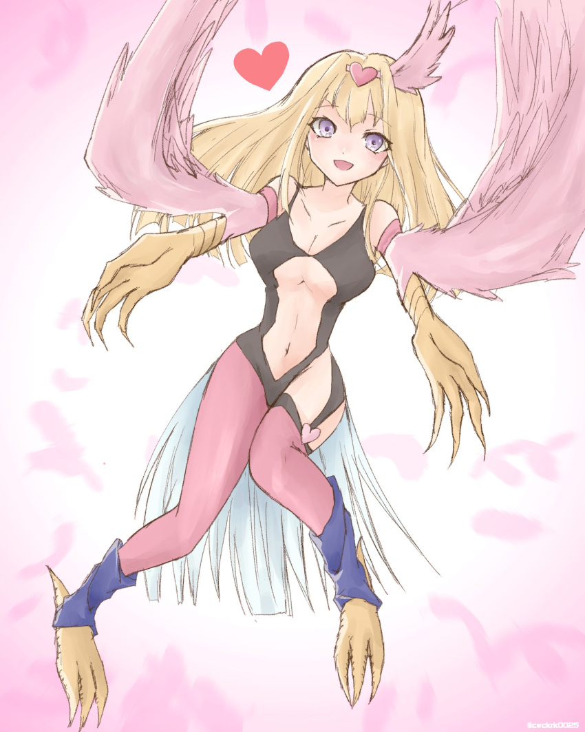 1girl animal_feet artist_request asymmetrical_legwear blonde_hair blue_eyes breasts center_opening claws cleavage cwckrk0025 duel_monster feathers hair_ornament harpie_girl harpy heart heart_hair_ornament heart_on_thigh highres kneeling leotard long_hair monster_girl navel no_shoes open_mouth pantyhose revealing_clothes smile solo thigh-highs toeless_socks wings yuu-gi-ou yuu-gi-ou_duel_monsters