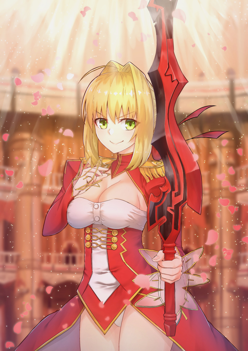 1girl ahoge blonde_hair blurry breasts cleavage corset fate/extra fate/grand_order fate_(series) fighters_0410 flower green_eyes hair_flower hair_ornament highres holding holding_sword holding_weapon looking_at_viewer nero_claudius_(fate)_(all) ocean petals saber_extra short_hair smile solo sword weapon