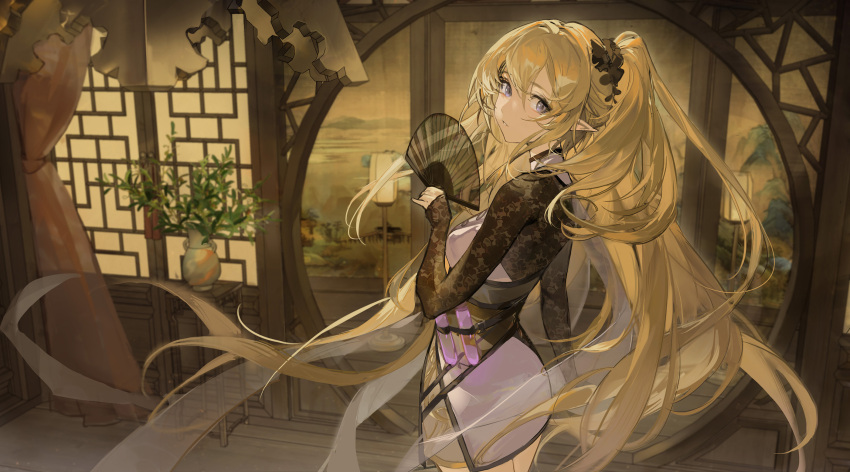 1girl arknights bangs blonde_hair breasts cowboy_shot curtains dress ergouzi_echo eyebrows_visible_through_hair from_behind hair_between_eyes hand_fan highres holding holding_fan indigo_(arknights) indigo_(serene_day)_(arknights) indoors lamp long_hair long_sleeves looking_at_viewer looking_back medium_breasts official_alternate_costume parted_lips pointy_ears ponytail purple_dress short_dress sleeves_past_wrists solo test_tube vase very_long_hair violet_eyes
