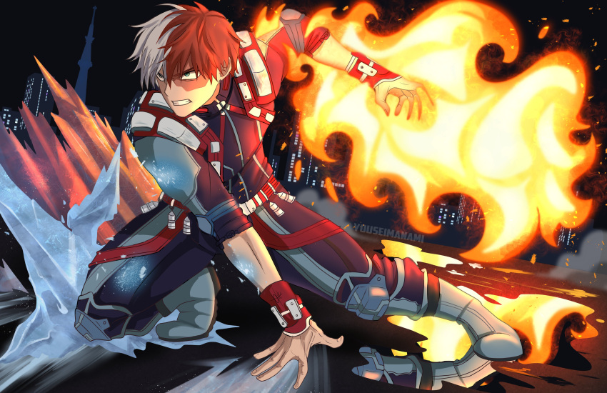 1boy absurdres angry bangs belt blue_eyes bodysuit boku_no_hero_academia boots burn_scar cityscape clenched_teeth costume fighting_stance fire gauntlets hair_between_eyes heterochromia highres ice long_bangs male_focus multicolored_hair night puddle redhead reflective_floor scar scar_on_face short_hair smile solo special_moves split-color_hair teeth todoroki_shouto twitter_username two-tone_hair utility_belt white_hair youseimanami