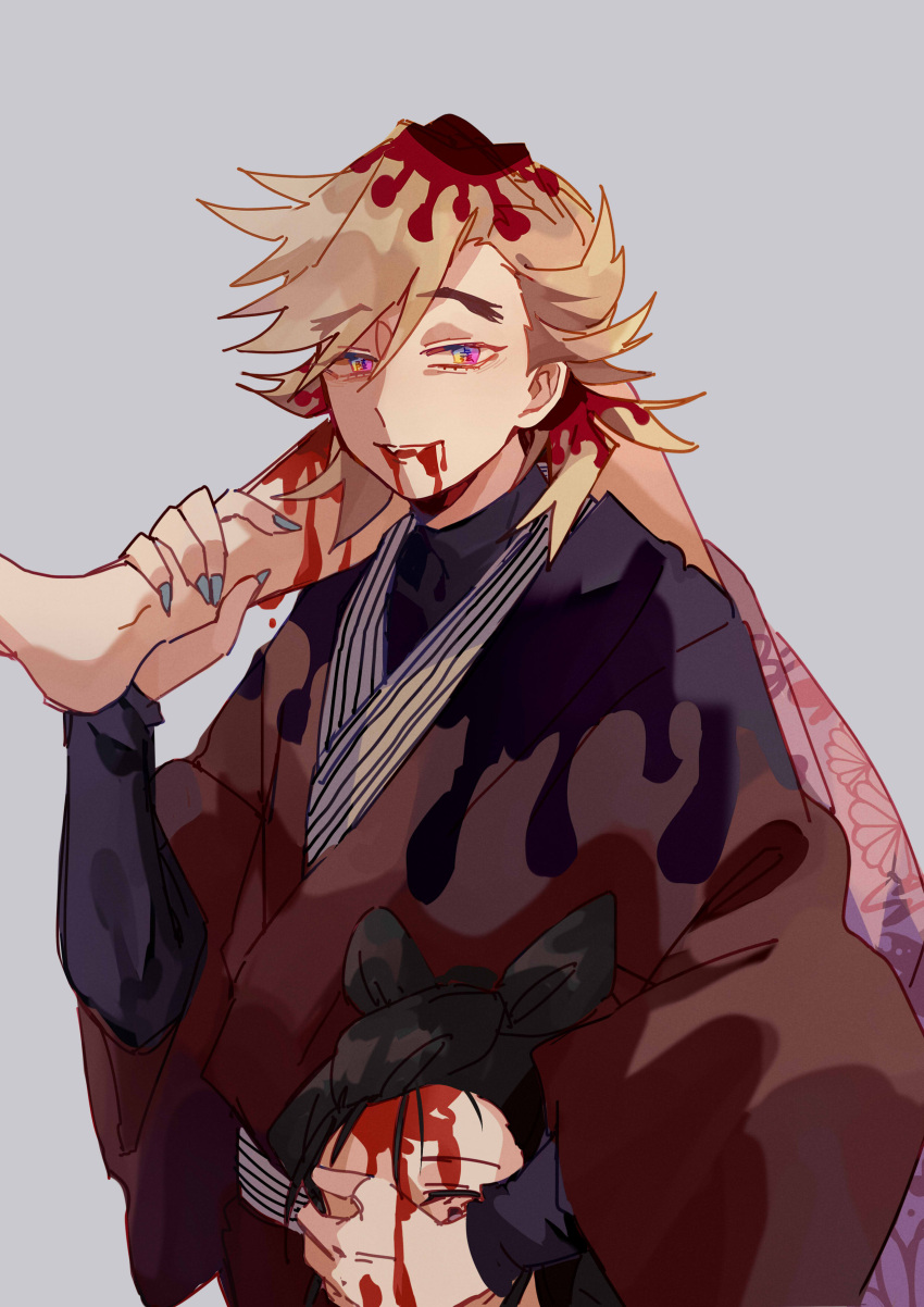 1boy 1girl absurdres blonde_hair blood blood_from_mouth blood_in_hair blood_on_leg character_request commentary_request corpse douma_(kimetsu_no_yaiba) eyebrows_visible_through_hair fingernails grey_background highres holding japanese_clothes kimetsu_no_yaiba kimono looking_at_viewer male_focus mogutofuoes obi parted_lips pink_eyes red_kimono sash sharp_fingernails short_hair simple_background solo_focus upper_body