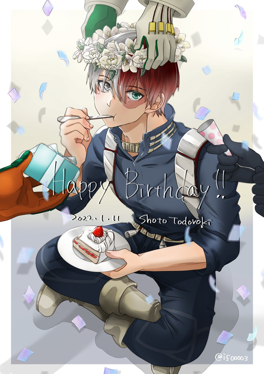 1boy 3others absurdres asui_tsuyu bakugou_katsuki bangs belt blue_eyes boku_no_hero_academia boots bouquet box burn_scar cake character_name confetti costume dated eating english_text food fruit gift gift_box gloves happy_birthday head_wreath heterochromia highres if00003 long_bangs looking_at_viewer male_focus multicolored_hair multiple_others outside_border party_popper redhead scar scar_on_face shadow short_hair smile solo_focus split-color_hair strawberry todoroki_shouto twitter_username two-tone_hair utility_belt white_background white_hair