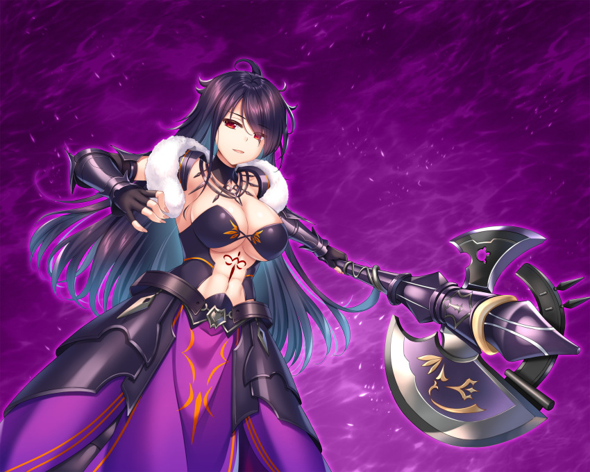 1girl armor bangs black_gloves blue_hair breasts charlotte_vie_atrustia eyebrows_visible_through_hair faulds fingerless_gloves floating_hair game_cg gloves gradient_hair hair_between_eyes halberd highres holding holding_polearm holding_weapon ko~cha large_breasts long_hair looking_at_viewer midriff multicolored_hair navel open_mouth polearm purple_background purple_hair purple_skirt red_eyes shiny shiny_hair sideboob skirt solo standing stomach under_boob very_long_hair weapon yuukyuu_no_campanella