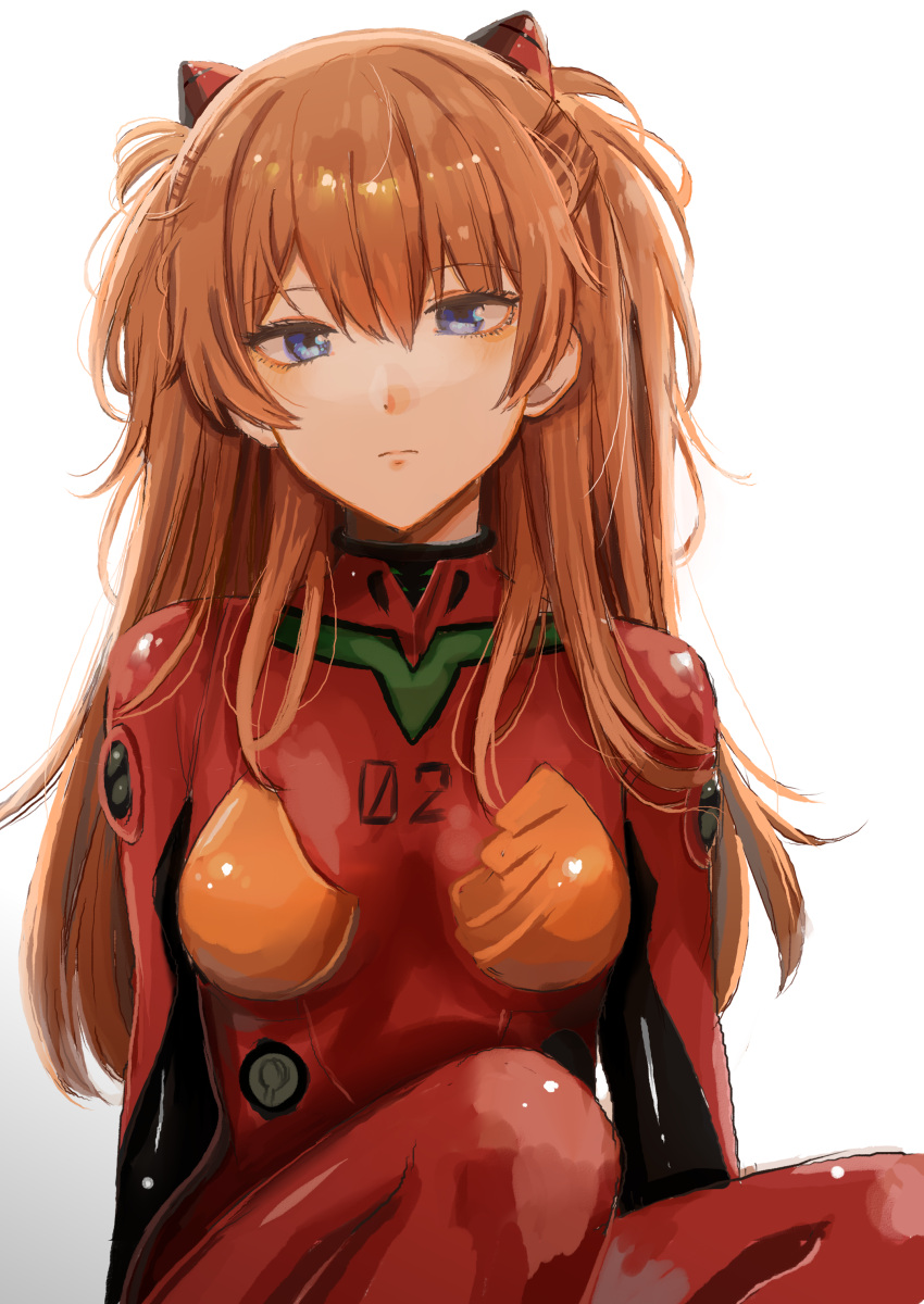 1girl absurdres bangs blue_eyes bodysuit breasts breasts_apart brown_hair closed_mouth eyebrows_visible_through_hair frown hair_between_eyes headgear highres ibuki_(ibuki0118) long_hair looking_at_viewer medium_breasts neon_genesis_evangelion plugsuit red_bodysuit shiny shiny_hair simple_background sitting sketch solo souryuu_asuka_langley very_long_hair white_background