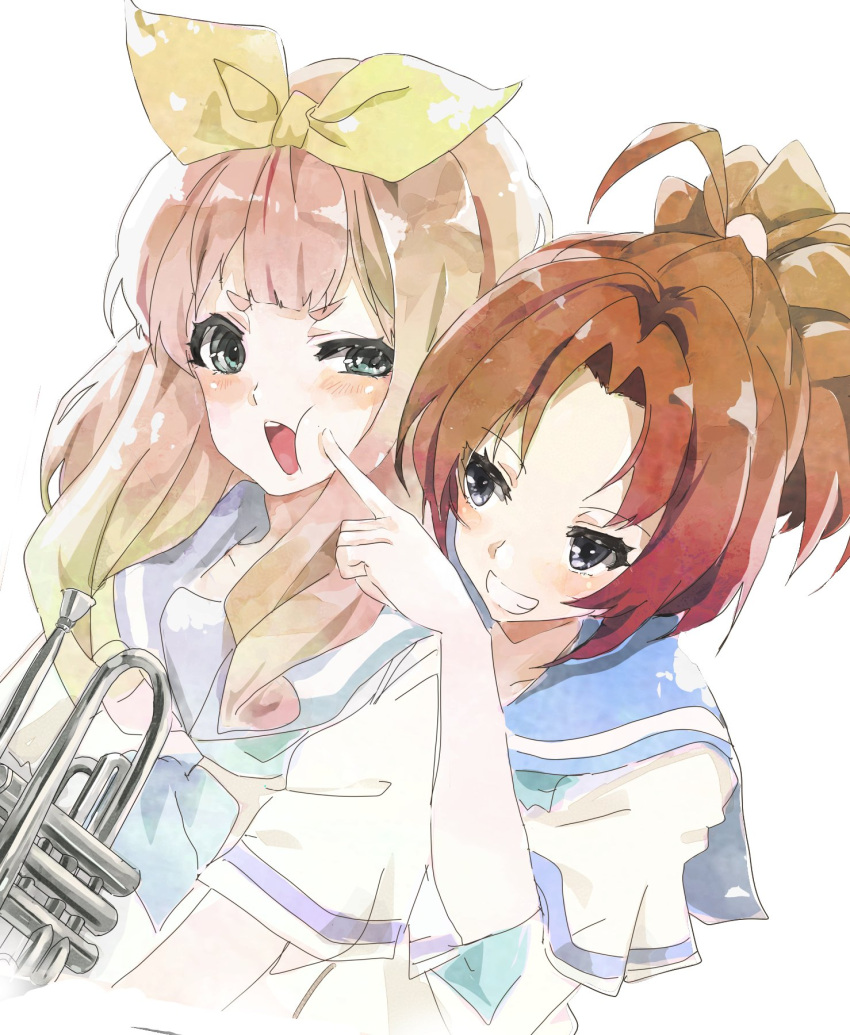 2girls annoyed bangs blonde_hair blue_neckerchief blue_sailor_collar blush brown_hair cheek_poking faux_traditional_media green_eyes hair_ribbon hand_up hibike!_euphonium highres holding holding_instrument index_finger_raised instrument kataru_(ubw-emiya) kitauji_high_school_uniform long_hair looking_at_another multiple_girls nakagawa_natsuki neckerchief open_mouth painting_(medium) parted_lips poking ponytail ribbon sailor_collar school_uniform serafuku shirt short_sleeves simple_background smile traditional_media trumpet violet_eyes watercolor_(medium) white_background white_shirt yellow_ribbon yoshikawa_yuuko