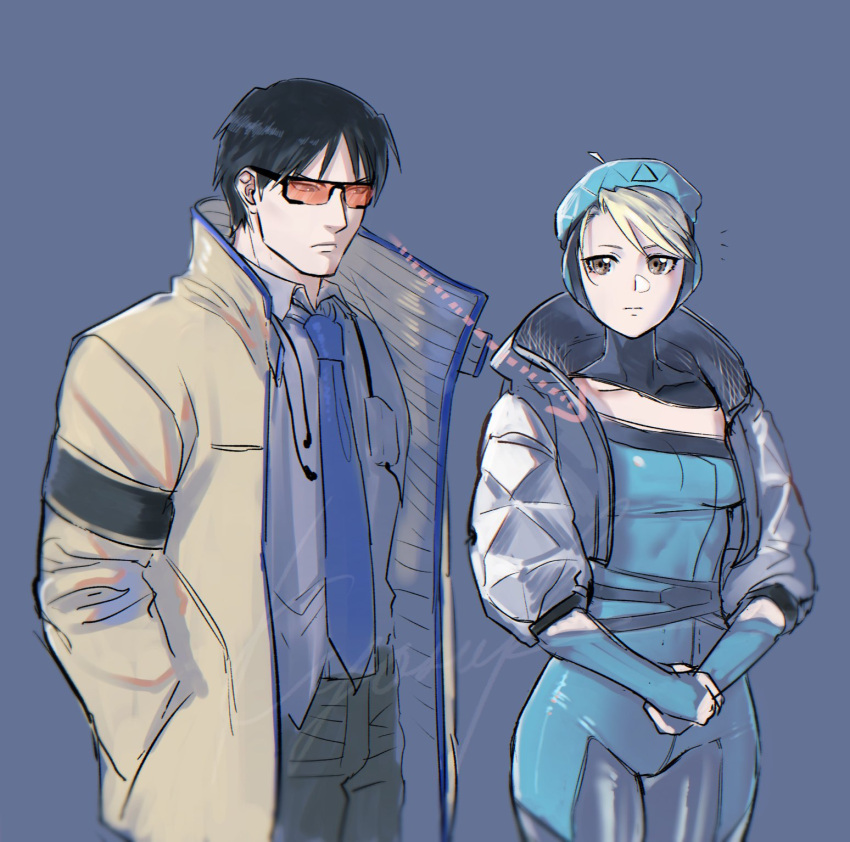 1boy 1girl apex_legends arrow_(symbol) beige_jacket beret black_eyes black_hair blonde_hair blue_gloves blue_necktie blue_shirt breasts collared_shirt cosplay crypto_(apex_legends) crypto_(apex_legends)_(cosplay) fullmetal_alchemist gloves grey_jacket hair_behind_ear hanagata_kyousuke hand_in_pocket hat haute_drop_wattson highres inconspicuous_crypto jacket looking_down necktie own_hands_together riza_hawkeye roy_mustang shirt small_breasts sunglasses wattson_(apex_legends) wattson_(apex_legends)_(cosplay)