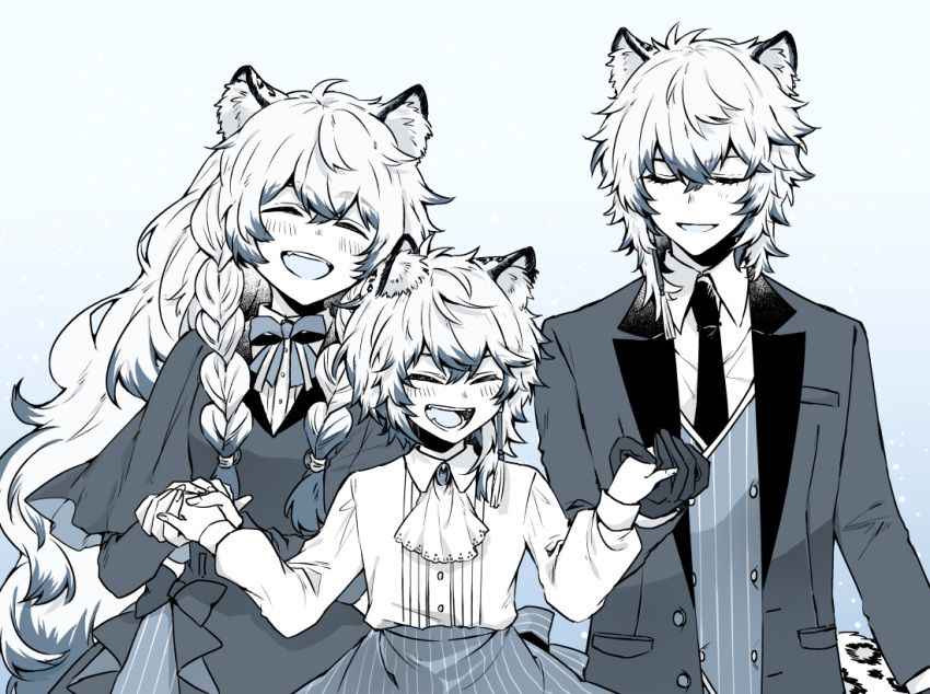 1boy 2girls :d ^_^ animal_ear_fluff animal_ears arknights bangs blue_background braid brother_and_sister cliffheart_(arknights) closed_eyes collared_shirt dress eyebrows_behind_hair gloves hair_between_eyes hair_over_shoulder holding_hands kyouna layered_sleeves leopard_boy leopard_ears leopard_tail long_sleeves monochrome multiple_girls necktie pramanix_(arknights) shirt short_over_long_sleeves short_sleeves siblings silverash_(arknights) sisters skirt smile striped striped_skirt striped_vest tail twin_braids upper_body vertical-striped_skirt vertical-striped_vest vertical_stripes vest wide_sleeves