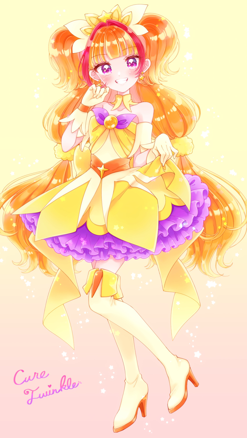 1girl amanogawa_kirara back_bow bare_shoulders boots bow brooch brown_hair character_name collarbone cure_twinkle dress earrings full_body gloves go!_princess_precure gradient gradient_background grin hair_ornament hair_scrunchie highres jewelry kuzumochi layered_dress long_hair looking_at_viewer magical_girl multicolored_hair petticoat pink_background precure quad_tails redhead scrunchie shiny shiny_hair skirt_hold smile solo standing star_(symbol) star_earrings streaked_hair teeth thigh-highs thigh_boots twintails two-tone_hair violet_eyes yellow_background yellow_bow yellow_dress yellow_footwear yellow_gloves yellow_scrunchie
