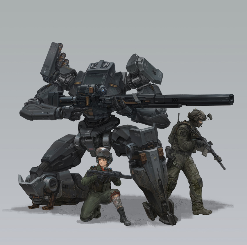 1boy 1girl absurdres assault_rifle brown_eyes brown_hair english_commentary green_pants grey_background gun helmet highres holding holding_gun holding_weapon mecha military one_knee original pants rifle science_fiction shadow short_hair squatting standing vermi weapon