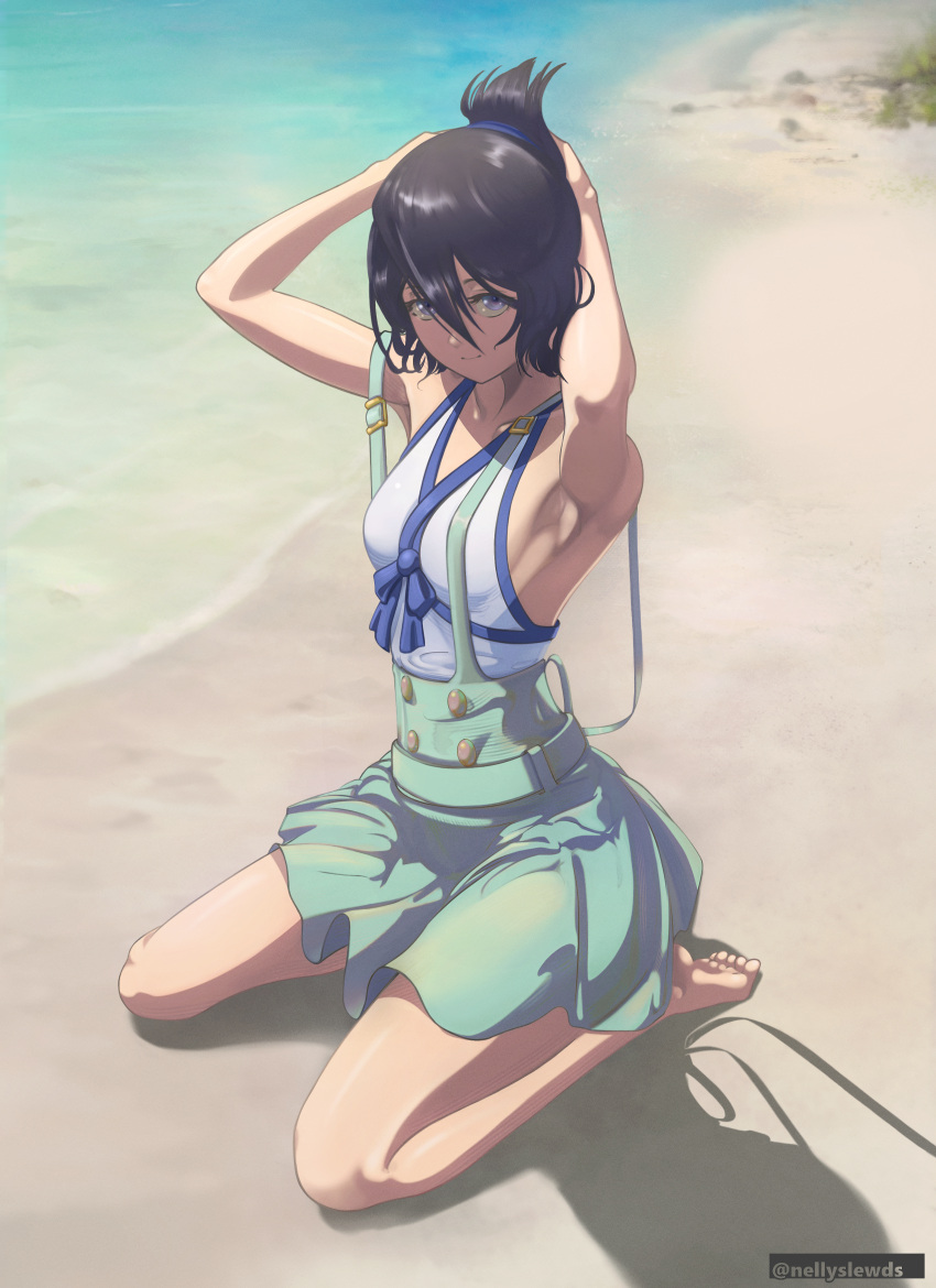 1girl absurdres aqua_skirt armpits arms_behind_head arms_up bangs bare_legs barefoot beach black_hair bleach blue_eyes closed_mouth collarbone day female full_body hair_between_eyes highres kuchiki_rukia looking_at_viewer miniskirt nellyslewds outdoors shiny shiny_hair shirt sitting skirt sleeveless sleeveless_shirt smile soles solo suspender_skirt suspenders tied_hair twitter_username wariza white_shirt