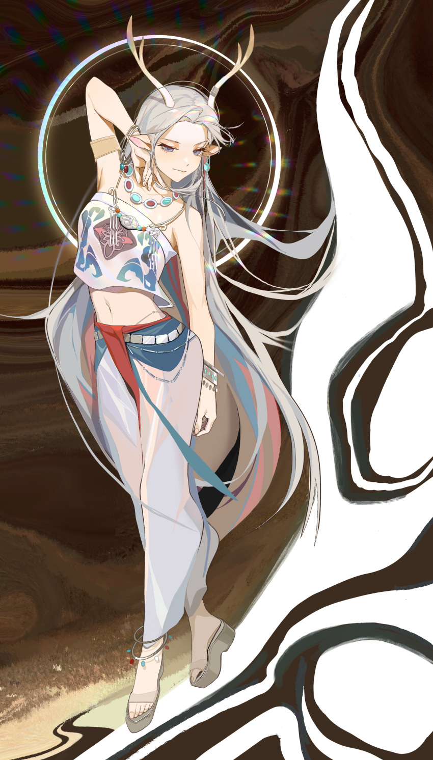1girl a_deer_of_nine_colors abstract_background absurdres animal_ears antlers arknights arm_up armlet bare_shoulders blue_eyes blue_hair bracelet brown_footwear closed_mouth collarbone crop_top earrings forehead full_body highres jewelry ken_(1057168252) lens_flare long_hair looking_at_viewer multicolored_hair navel necklace nine-colored_deer pants redhead sandals silver_hair smile solo standing strapless tube_top very_long_hair white_pants