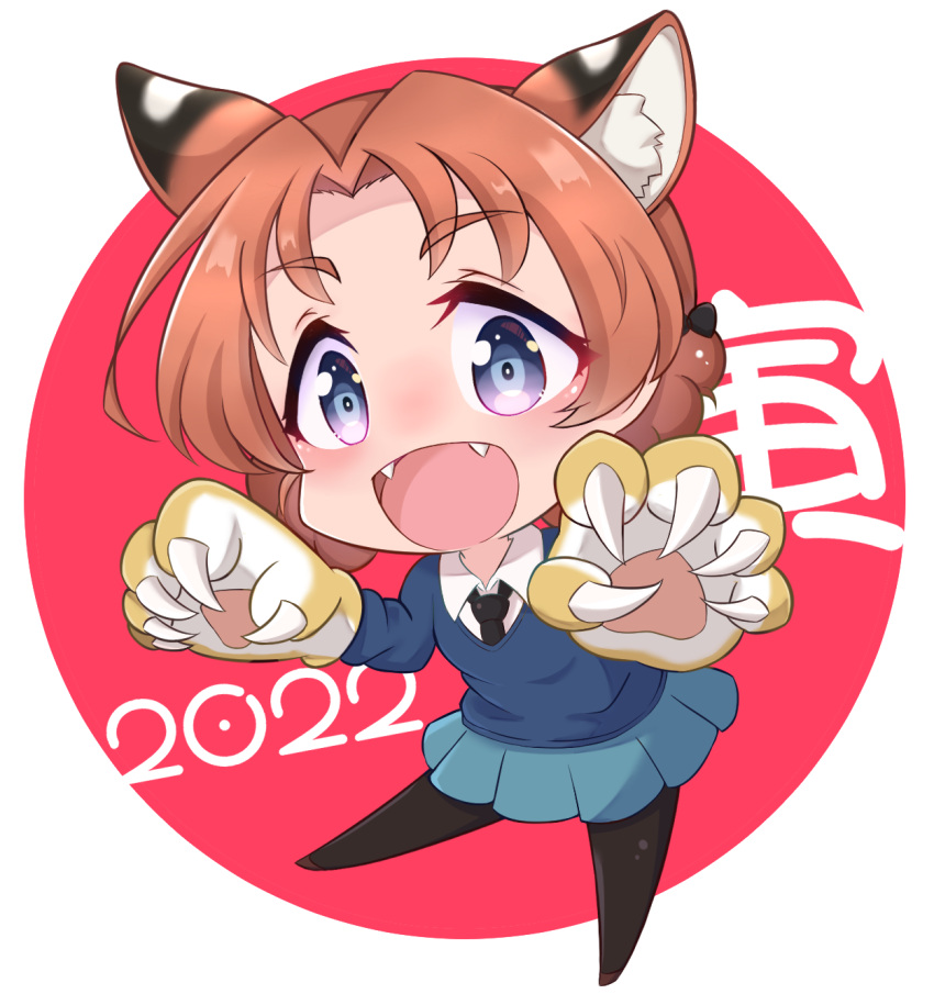 1girl 2022 :d animal_ears animal_hands bangs black_legwear black_neckwear blue_eyes blue_skirt blue_sweater braid chibi chinese_zodiac commentary dress_shirt english_commentary eyebrows_visible_through_hair fangs girls_und_panzer gloves highres hiroyasu_(torafuzame) kemonomimi_mode long_sleeves looking_at_viewer miniskirt mixed-language_commentary necktie new_year open_mouth orange_hair orange_pekoe_(girls_und_panzer) pantyhose parted_bangs paw_gloves pleated_skirt school_uniform shirt short_hair skirt smile solo st._gloriana's_school_uniform standing sweater tied_hair tiger_ears translated twin_braids v-neck white_shirt wing_collar year_of_the_tiger