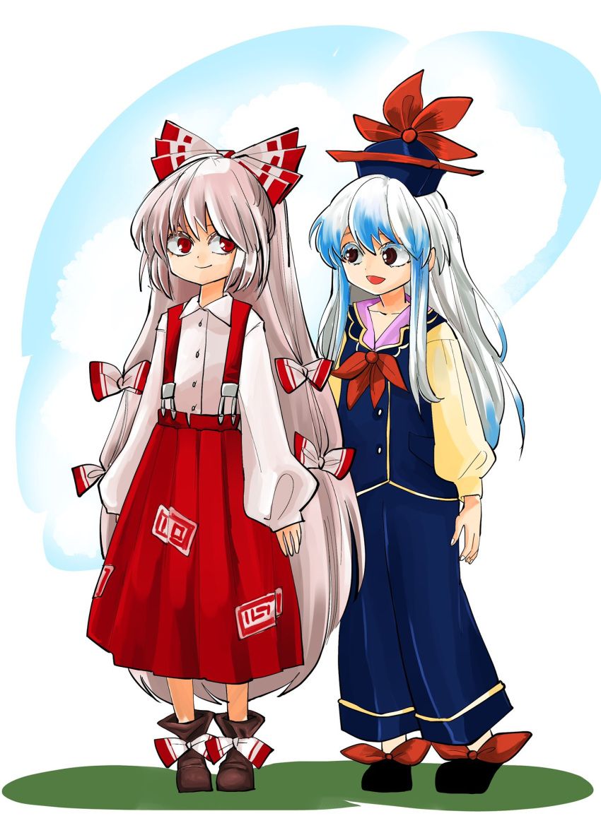 2girls :d adapted_costume bangs beige_shirt black_footwear blue_hair blue_jacket blue_pants bow brown_eyes brown_footwear buttons closed_mouth collared_shirt commentary dot_nose eyebrows eyebrows_behind_hair fingernails fujiwara_no_mokou hair_between_eyes hair_bow hat highres jacket kamishirasawa_keine komaku_juushoku long_hair long_sleeves looking_at_another multicolored_bow multicolored_clothes multicolored_hair multiple_girls neckerchief ofuda ofuda_on_clothes open_mouth pants ponytail puffy_sleeves red_bow red_eyes red_neckerchief red_skirt shirt shoes sidelocks simple_background skirt sleeveless sleeveless_jacket smile standing suspender_skirt suspenders tokin_hat touhou two-tone_hair very_long_hair white_bow white_hair white_nails white_shirt