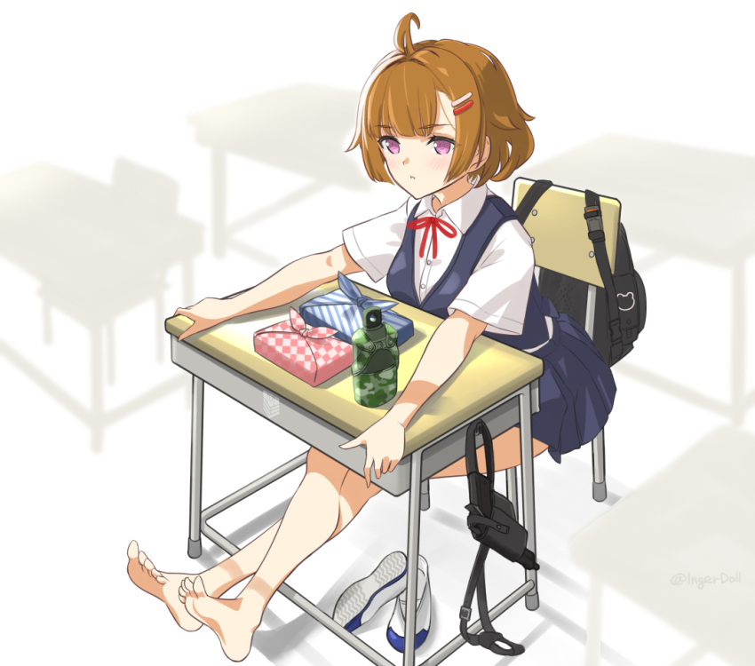 1girl bag bangs barefoot black_bag blue_skirt blue_vest brown_hair chair eyebrows_visible_through_hair girls_frontline grizzly_mkv_(girls'_frontline) gun hair_ornament hairclip handgun holstered_weapon ingerdoll looking_at_viewer neck_ribbon pistol ribbon school school_bag school_chair school_uniform shirt shoes shoes_removed short_hair simple_background sitting skirt soles solo table toes uwabaki vest violet_eyes weapon white_shirt