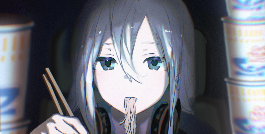 1girl blue_eyes chair chopsticks commentary_request cup_noodle eating eye_reflection food headphones headphones_around_neck highres holding holding_chopsticks long_hair looking_at_viewer noodles project_sekai ramen reflection sleeper_am03 solo upper_body very_long_hair white_hair yoisaki_kanade