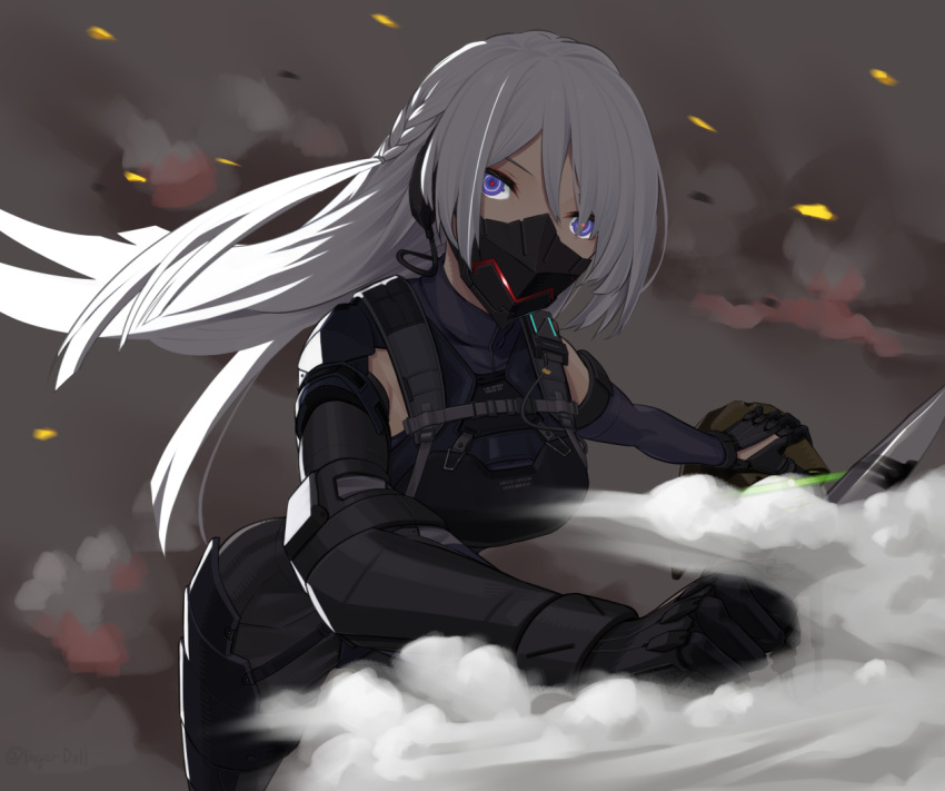 1girl ak-15_(girls'_frontline) bangs black_gloves breasts eyebrows_visible_through_hair feet_out_of_frame girls_frontline gloves ingerdoll long_hair looking_at_viewer mask silver_hair simple_background smoke solo standing tactical_clothes violet_eyes
