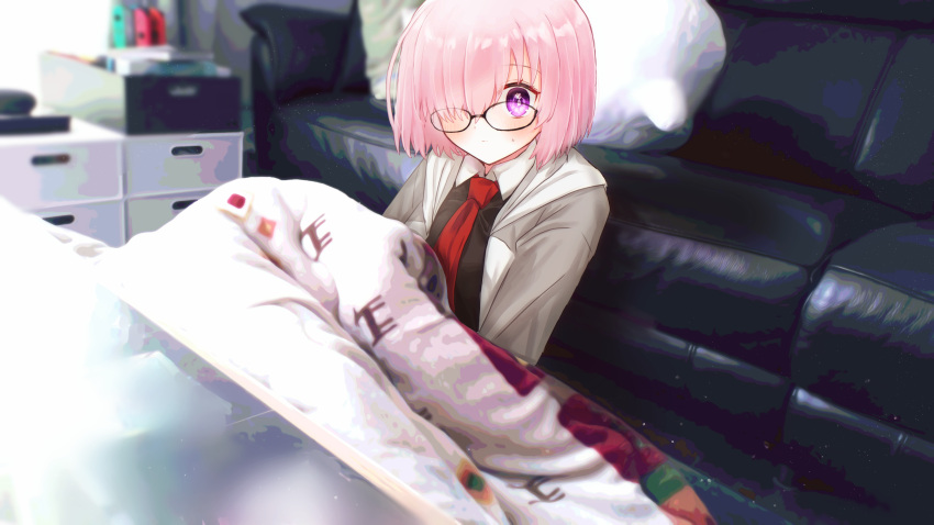 1girl absurdres black-framed_eyewear black_shirt blush fate/grand_order fate_(series) glasses grey_jacket hair_over_one_eye harukappa highres hood hood_down hooded_jacket indoors jacket kotatsu looking_at_viewer mash_kyrielight necktie open_clothes open_jacket pink_hair red_necktie shiny shiny_hair shirt short_hair solo sweatdrop table under_kotatsu under_table upper_body violet_eyes wing_collar