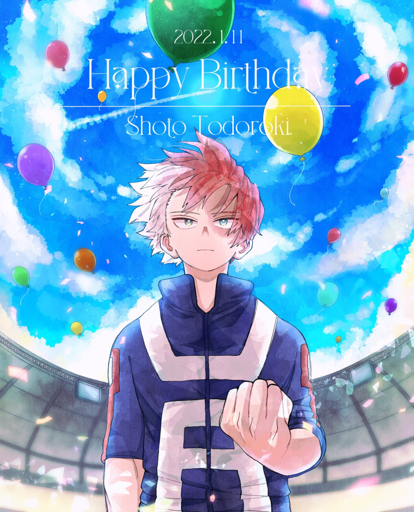 1boy balloon bangs blue_eyes blue_sky boku_no_hero_academia burn_scar character_name clenched_hand confetti dated day english_text expressionless fisheye hair_between_eyes hair_blowing happy_birthday heterochromia highres long_bangs looking_ahead male_focus multicolored_hair redhead scar scar_on_face short_hair sky smile solo split-color_hair stadium swirl text_focus todoroki_shouto two-tone_hair u.a._gym_uniform usamipyo white_hair