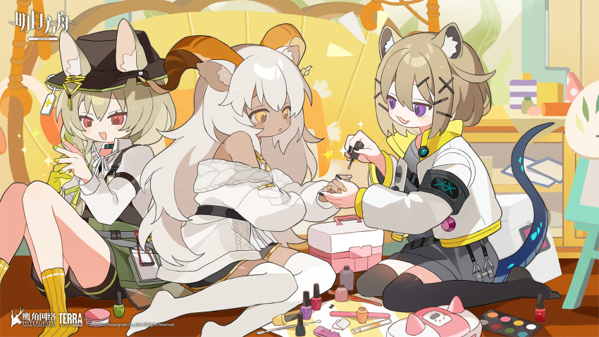 3girls :d :o animal_ear_fluff animal_ears arknights artist_request bangs bare_shoulders beanstalk_(arknights) beeswax_(arknights) black_headwear black_legwear black_nails black_shorts black_skirt brown_eyes brown_hair brown_nails commentary_request dark-skinned_female dark_skin ears_through_headwear eyebrows_visible_through_hair fang grey_hair hair_between_eyes hair_ornament hairclip hat highres horns jacket knees_together_feet_apart knees_up long_hair long_sleeves multicolored_nails multiple_girls nail_polish no_shoes open_clothes open_jacket painting_nails parted_lips puffy_long_sleeves puffy_sleeves red_eyes ribbed_legwear shirt short_shorts shorts sitting skirt sleeveless sleeveless_shirt smile socks tail thigh-highs very_long_hair violet_eyes wariza white_jacket white_legwear white_shirt x_hair_ornament yellow_legwear yellow_nails
