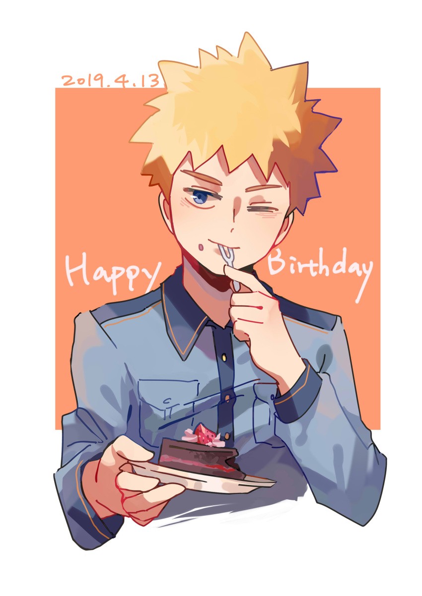 absurdres blonde_hair blue_eyes blue_shirt cake cake_slice closed_mouth commentary_request cropped_torso dated eating food food_on_face fork hanazawa_teruki happy_birthday highres holding holding_fork holding_plate mob_psycho_100 mogutofuoes one_eye_closed orange_background plate shirt short_hair upper_body white_background