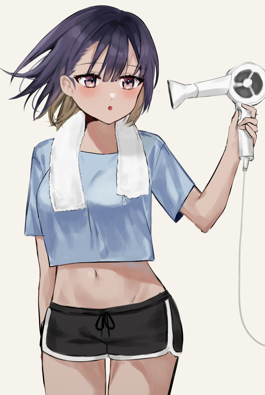 1girl absurdres black_hair black_shorts blue_shirt breasts colored_inner_hair cowboy_shot crop_top crop_top_overhang dolphin_shorts educk groin hair_dryer hand_up highres holding looking_at_viewer medium_breasts midriff multicolored_hair navel original parted_lips purple_hair revealing_clothes shirt short_hair short_shorts short_sleeves shorts simple_background solo standing stomach thighs towel towel_around_neck violet_eyes white_background