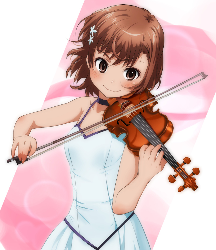 1girl ahoge bangs bare_shoulders blush bob_cut bow_(music) breasts brown_eyes brown_hair choker closed_mouth collarbone dress floating_hair flower hair_flower hair_ornament hairclip head_tilt highres holding holding_instrument instrument looking_at_viewer misaka_mikoto music pink_background playing_instrument purple_choker short_hair sleeveless sleeveless_dress small_breasts smile solo toaru_kagaku_no_railgun toaru_majutsu_no_index upper_body violin white_background white_dress white_flower yonabe